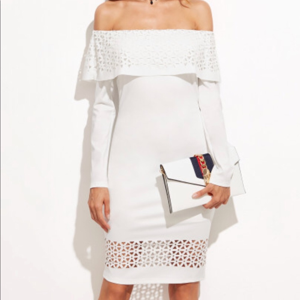 A laser cut flounce Bardot dress